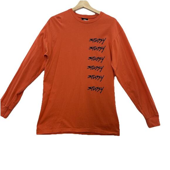 Vtg Stussy Shirt Mens M Orange Script Felt Letters Long Sleeve Skate Street Wear - Picture 1 of 10